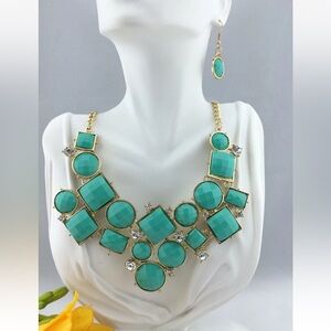 Turquoise Statement Bib Necklace and Earring Set - Gold Tone